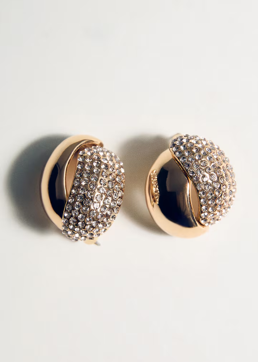 Gold Crystal Pave & Black Enamel Orb Earrings