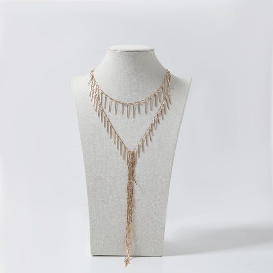 Gold Double-Layer Bar Fringe Y-Necklace