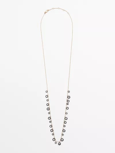 Gold Double Strand Black & Clear Crystal Circle Necklace