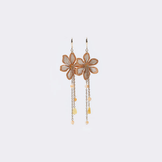 Gold Embroidered Flower & Beaded Tassel Drop Earrings