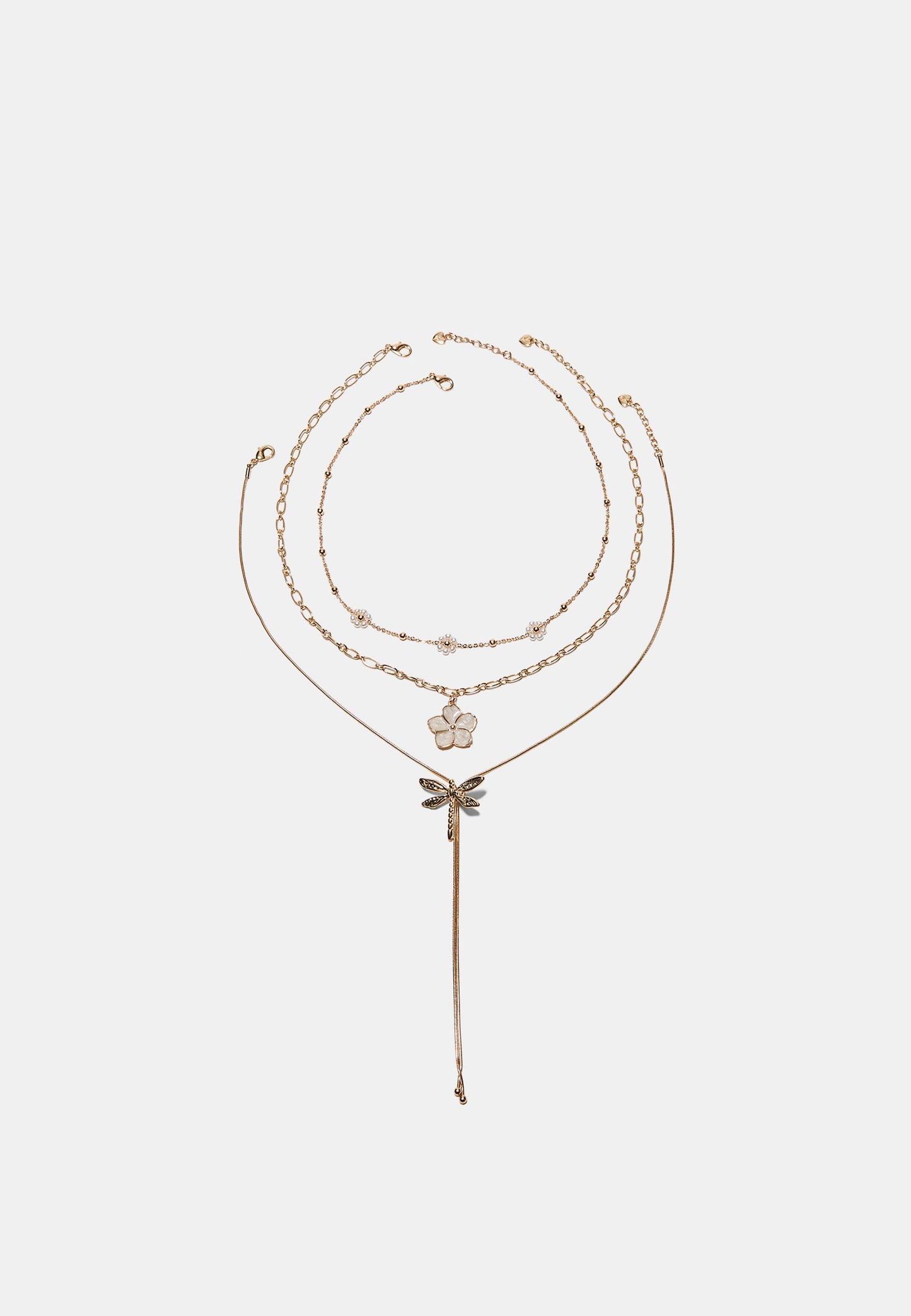 Gold Flower & Dragonfly Layered Necklace Set