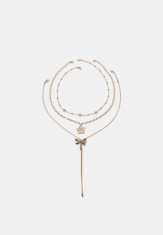 Gold Flower & Dragonfly Layered Necklace Set