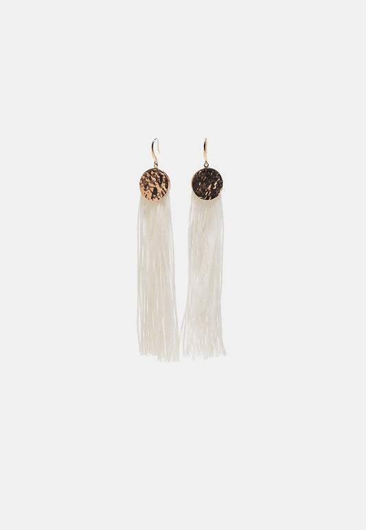 Gold Hammered Disc & White Tassel Dangle Earrings