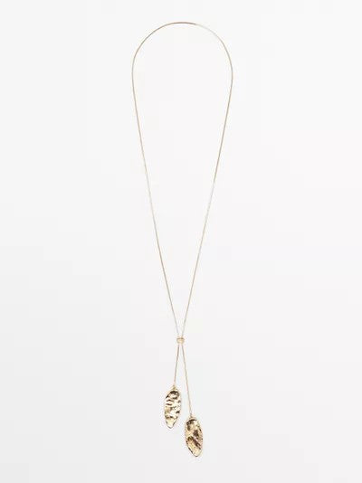 Gold Hammered Leaf Lariat Necklace