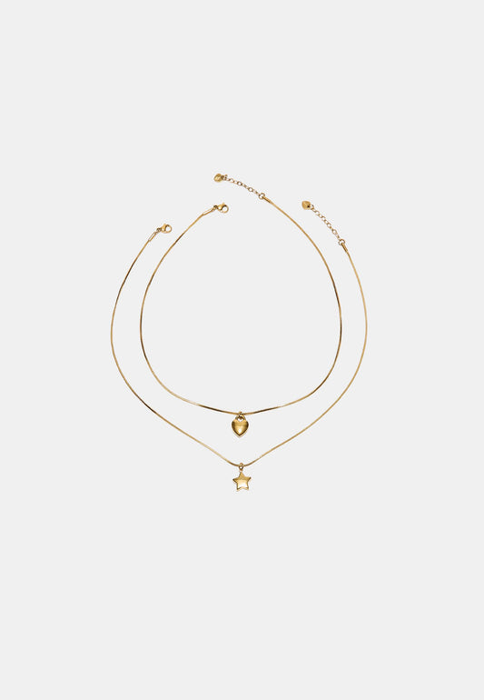 Gold Heart & Star Layered Necklace Set