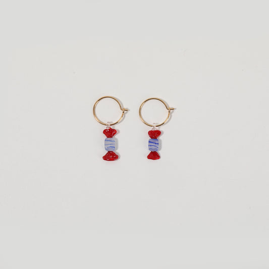 Gold Hoop Red-and-Blue Striped Glass Candy Drop Earrings