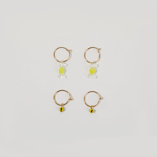 Gold Hoop Yellow Glass Candy & Bead Double-drop Earrings Set