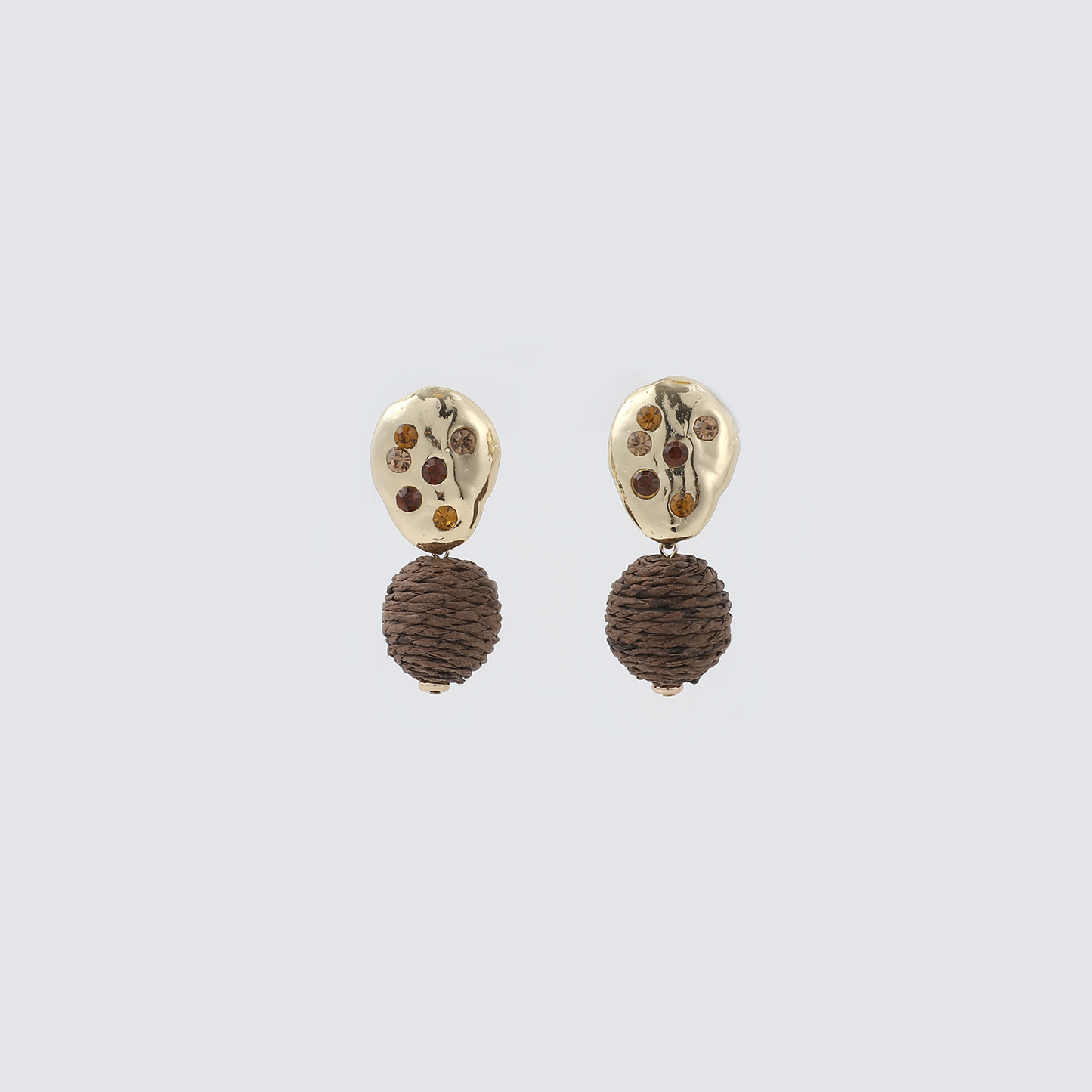 Gold Irregular Frame with Brown Stone & Rope Ball Drop Earrings