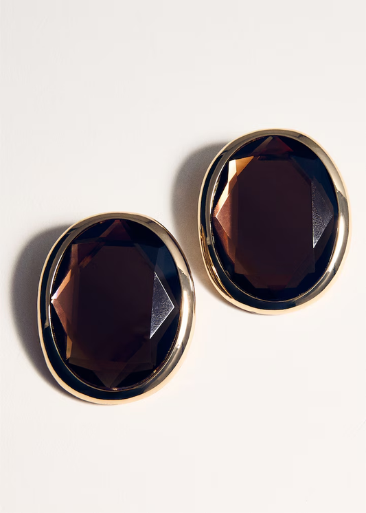 Gold Large Oval Brown Crystal Stud Earrings