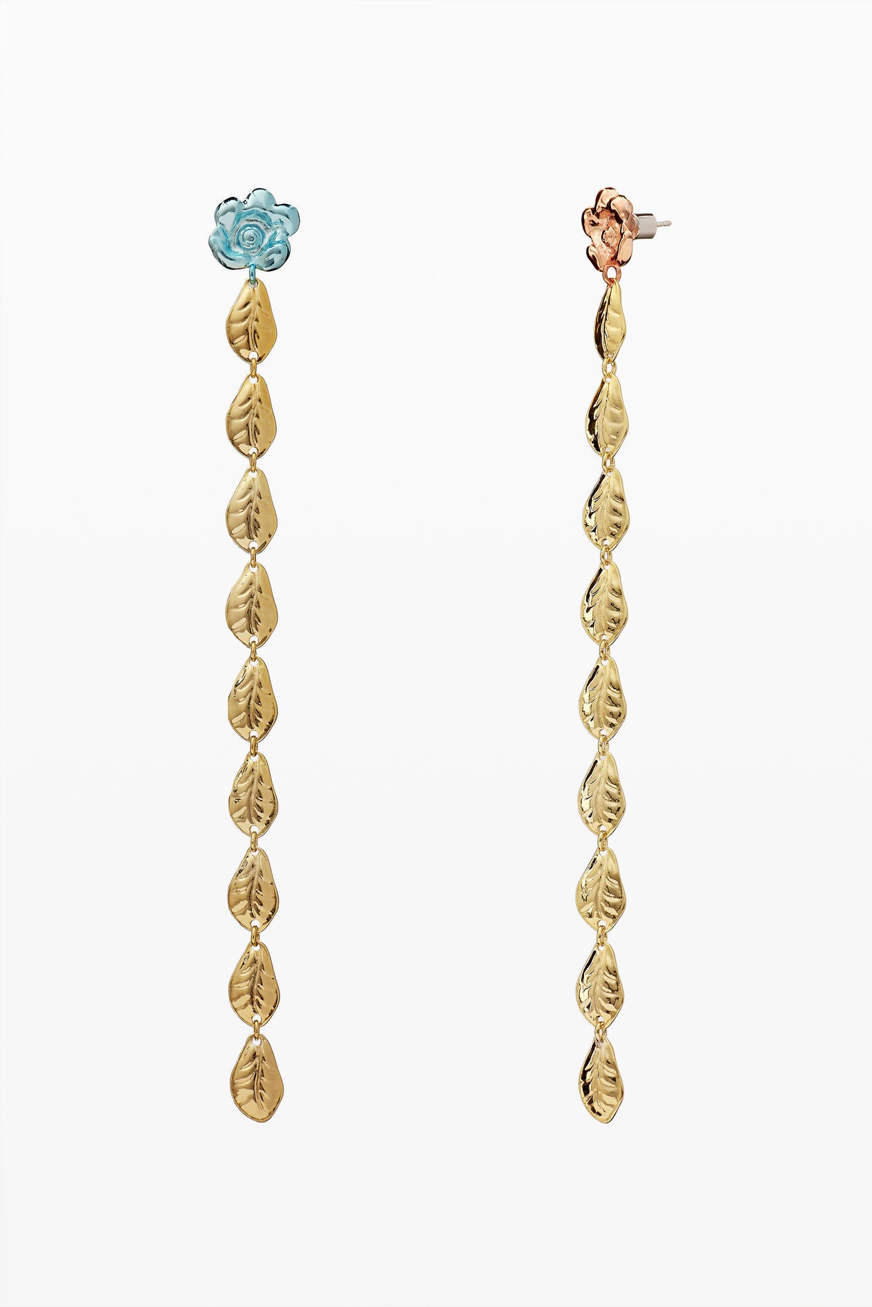 Gold Leaf Tassel Drop Earrings with Two-Tone Floral Studs