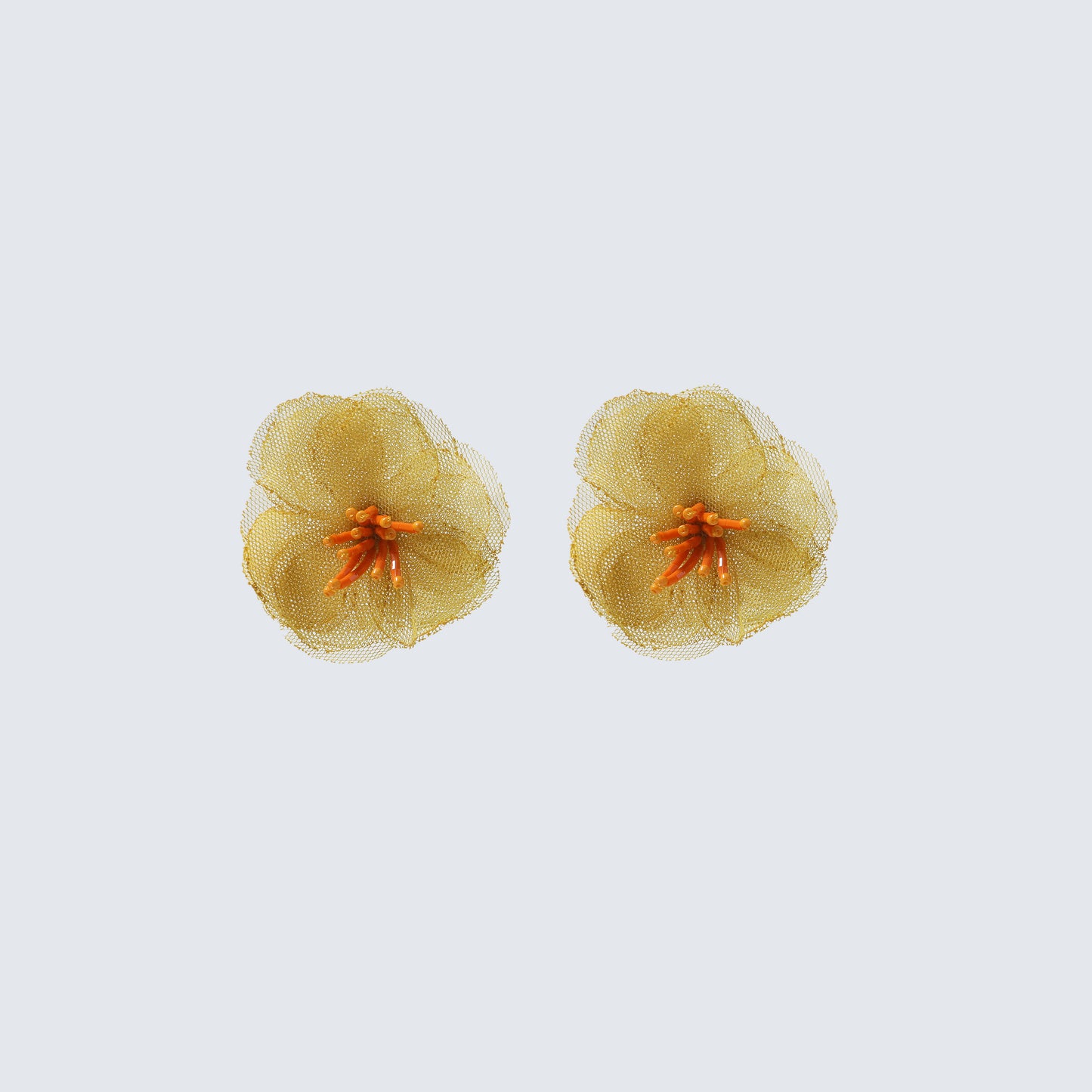 Gold Mesh Flower with Orange Bead Center Earrings