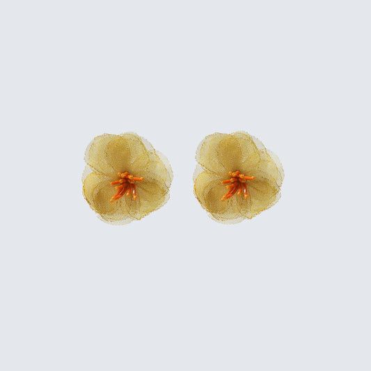 Gold Mesh Flower with Orange Bead Center Earrings