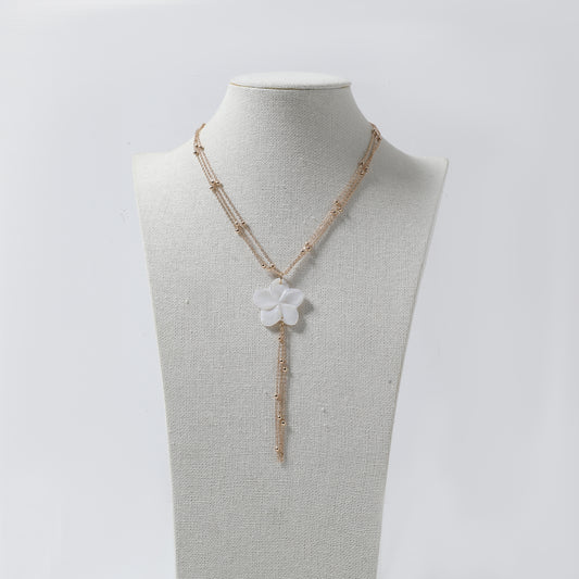 Gold Multi-Chain with White Flower Pendant & Tassel Y-Necklace