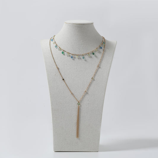 Gold Multi-Gemstone & Tassel Layered Necklace