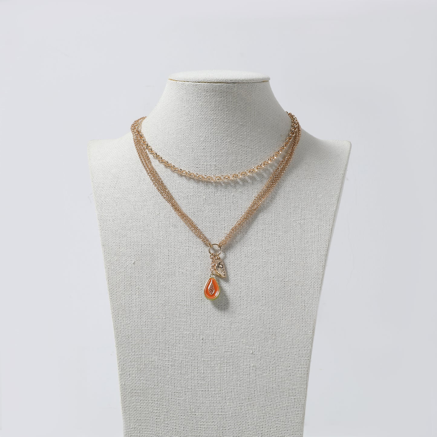 Gold Multi-Layer Chain & Orange Teardrop Pendant Necklace
