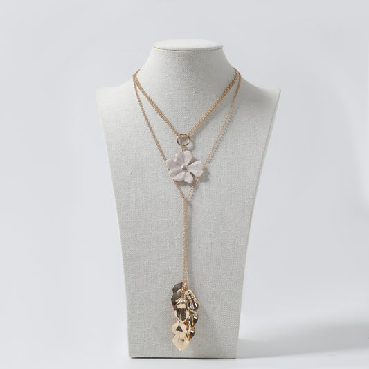 Gold Multi-Layer Chain with White Enamel Flower & Leaf Tassel Y-Necklace