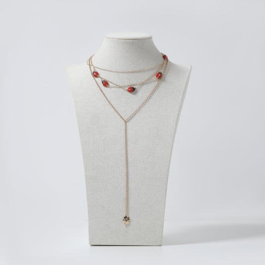 Gold Multi-Layer Ladybug & Clover Charm Lariat Necklace