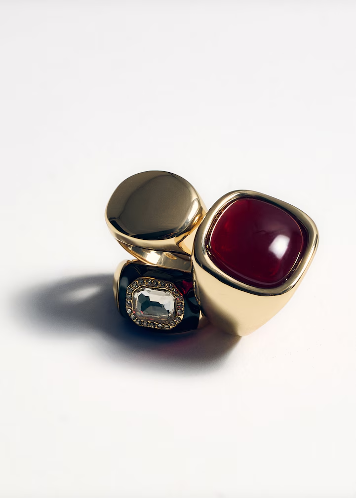 Gold Multi-Stone Statement Ring (Red, Clear Crystal, Black Enamel)