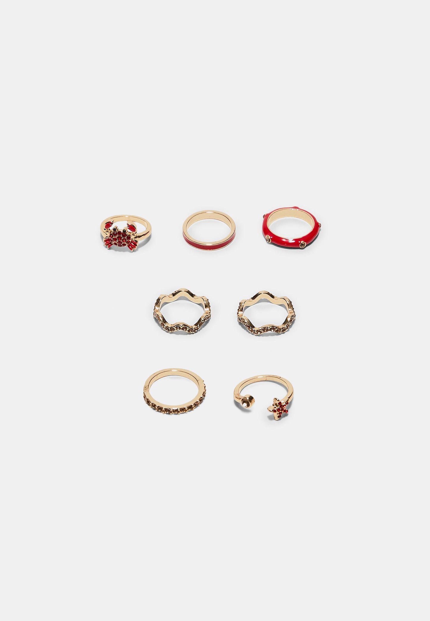 Gold Red Crab & Crystal Ring Set