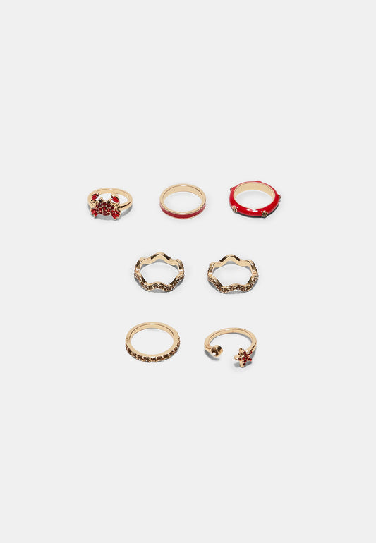 Gold Red Crab & Crystal Ring Set