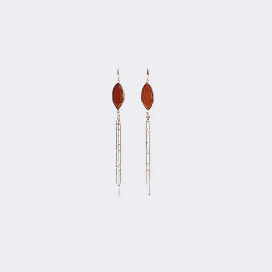 Gold Red Marquise Stone & Chain Tassel Drop Earrings