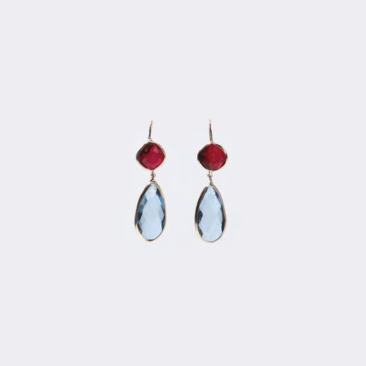 Gold Red & Blue Teardrop Gemstone Drop Earrings