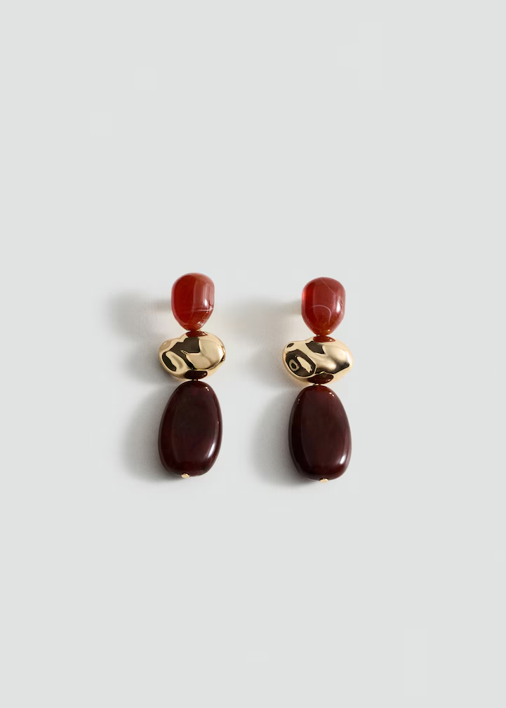 Gold Red & Burgundy Resin Bead Drop Earrings