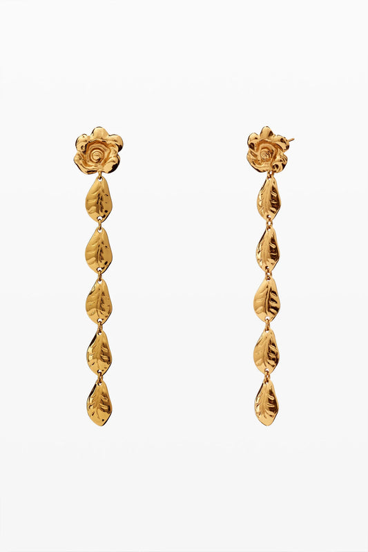 Gold Rose & Leaf Drop Earrings