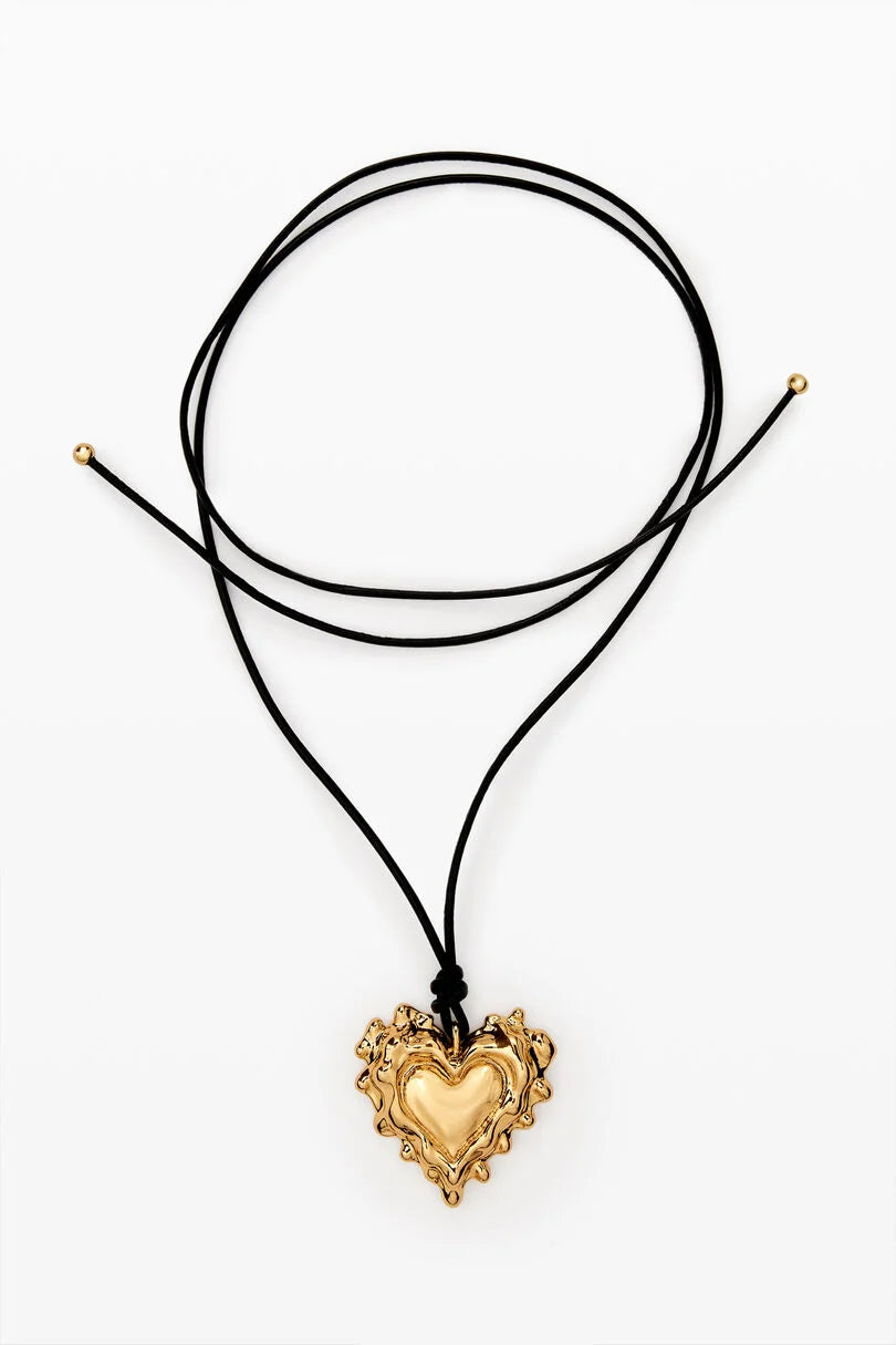 Gold Sculptural Heart Pendant Cord Necklace with Black Cord