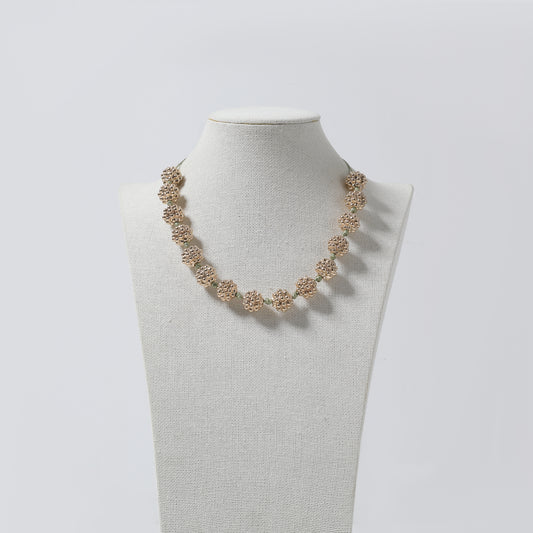 Gold Sparkle Ball Bead & Green Cord Choker Necklace