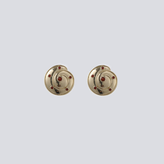 Gold Spiral Design with Red Stone Stud Earrings