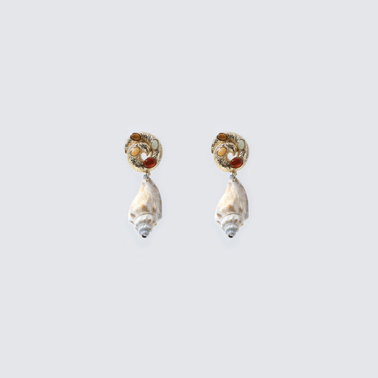 Gold Spiral Hoop with Natural Conch Shell Drop Earrings