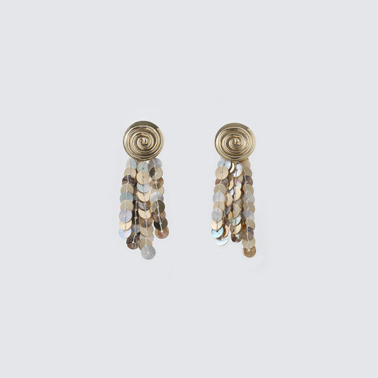 Gold Spiral Top & Iridescent Shell Disc Tassel Drop Earrings