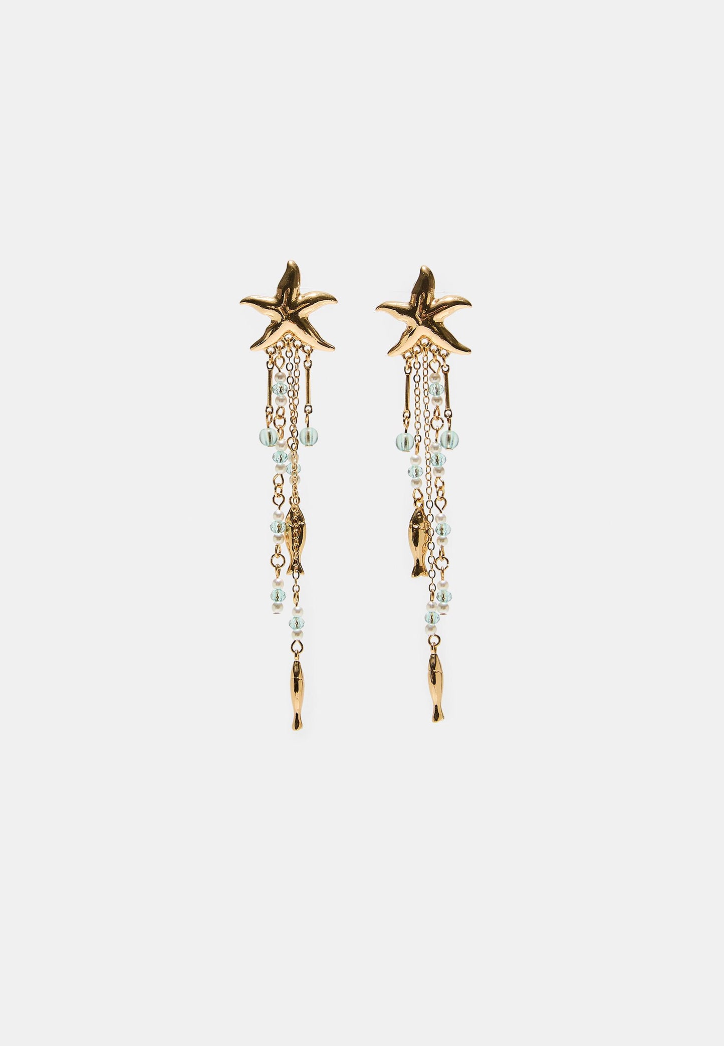 Gold Starfish & Fish Tassel Drop Earrings