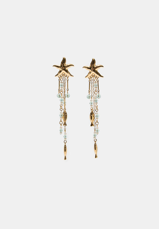 Gold Starfish & Fish Tassel Drop Earrings