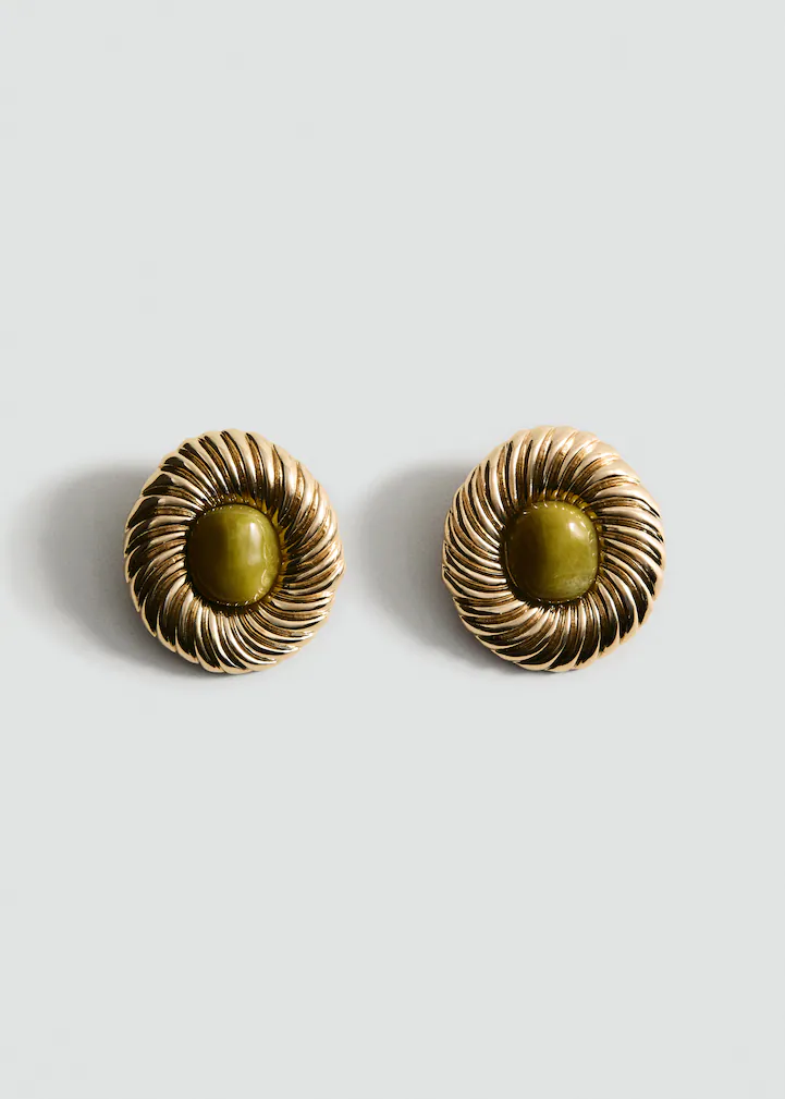 Gold Swirl Frame with Olive Stone Stud Earrings