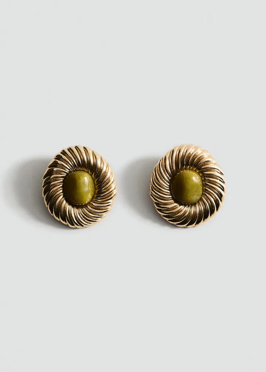 Gold Swirl Frame with Olive Stone Stud Earrings