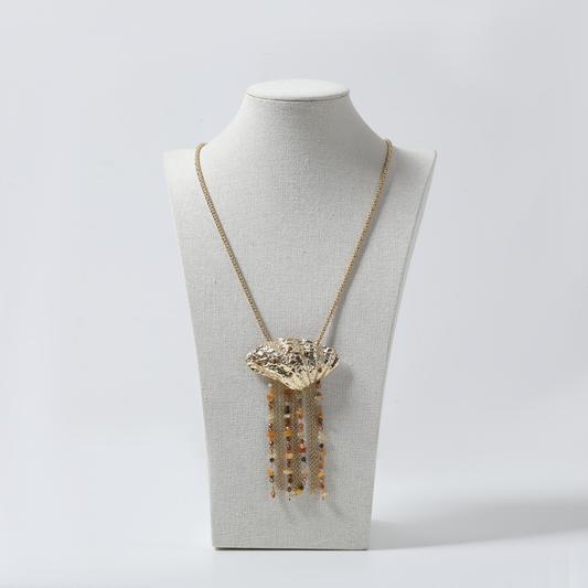 Gold Textured Shell Pendant with Multi-Color Bead Tassel Necklace