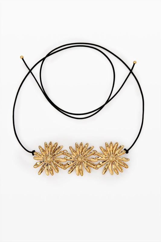 Gold Triple Daisy Pendant Cord Necklace with Black Cord