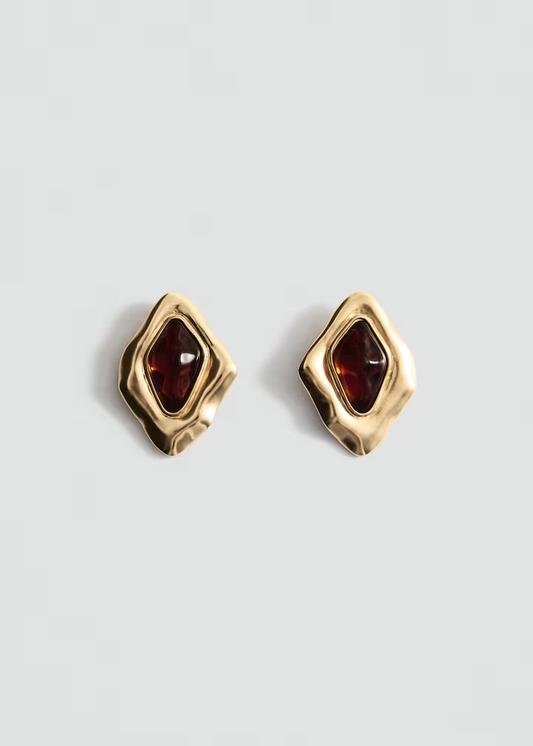 Gold Wavy Frame with Amber Stone Stud Earrings