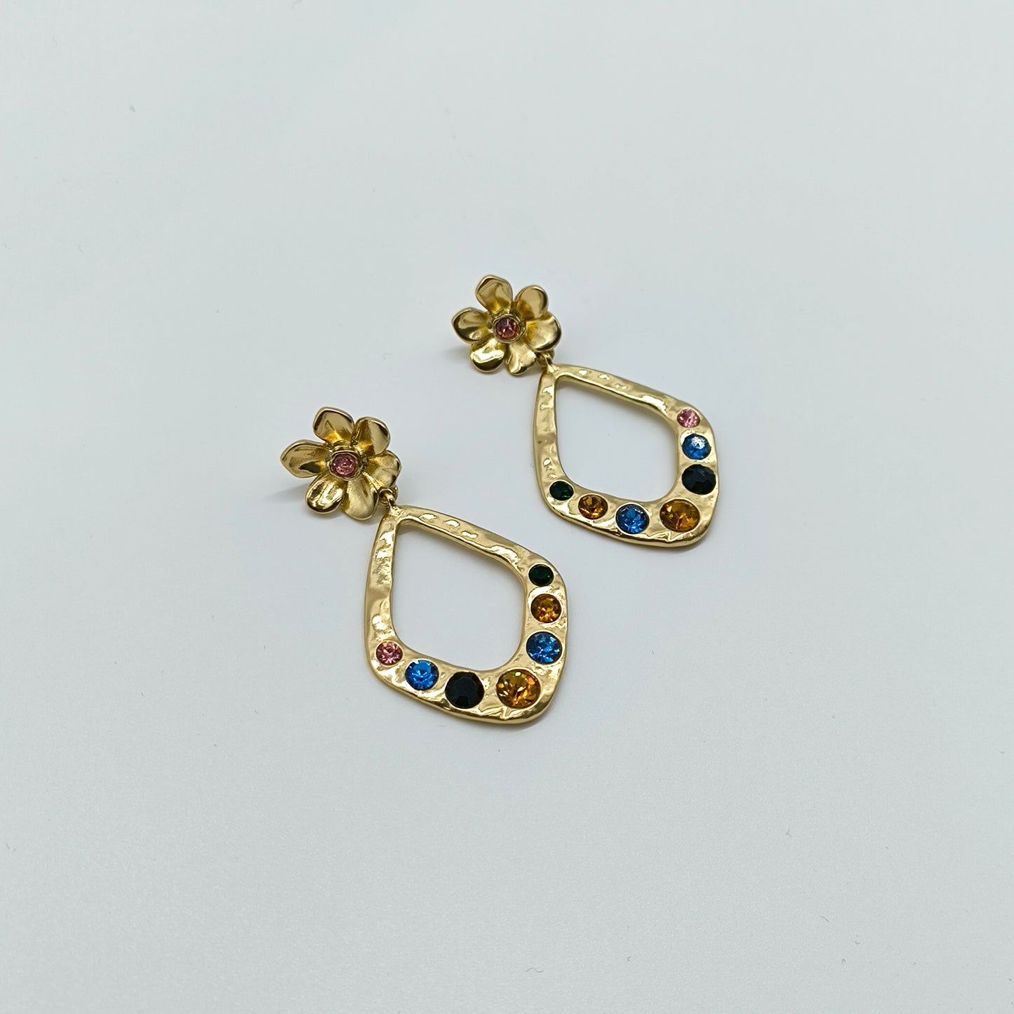 Irregular Teardrop Earrings – Floral Stud and Rainbow Gemstones