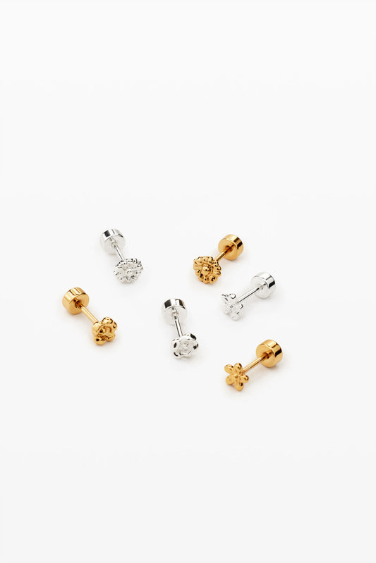 Gold & Silver Mini Floral & CZ Stud Earring Set (6 Pairs)