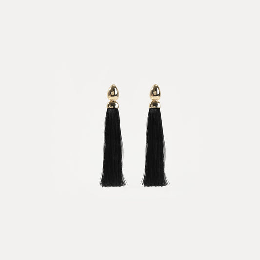 Gold bullet-top black tassel drop earring