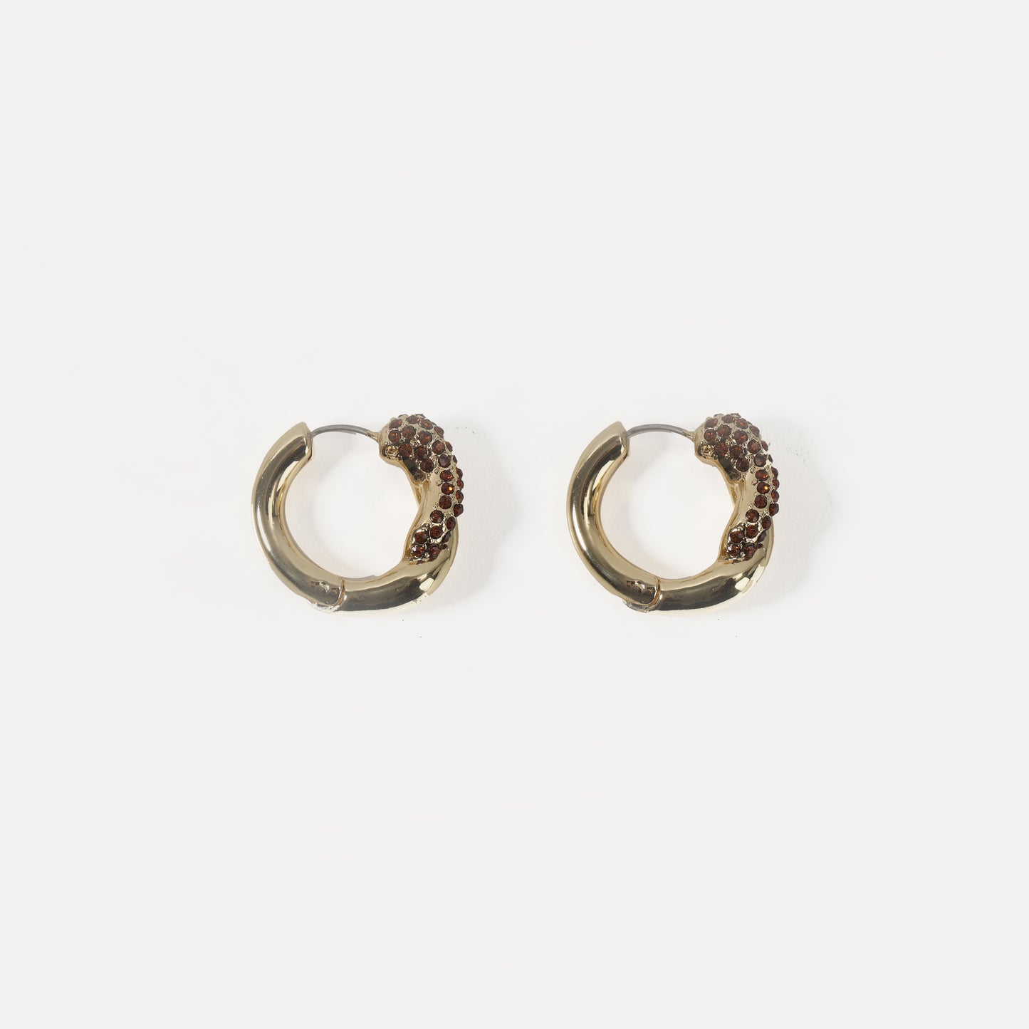 Gold chunky hoop earring with brown crystal accent
