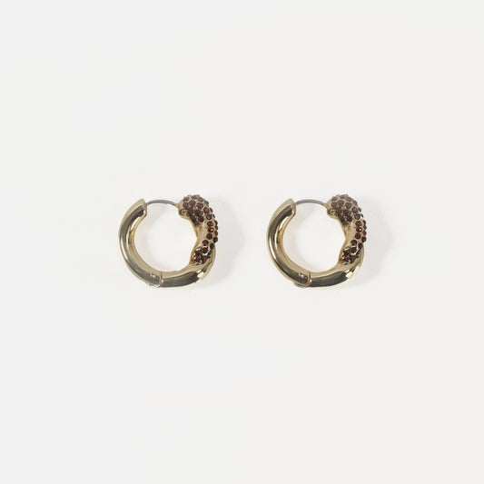 Gold chunky hoop earring with brown crystal accent