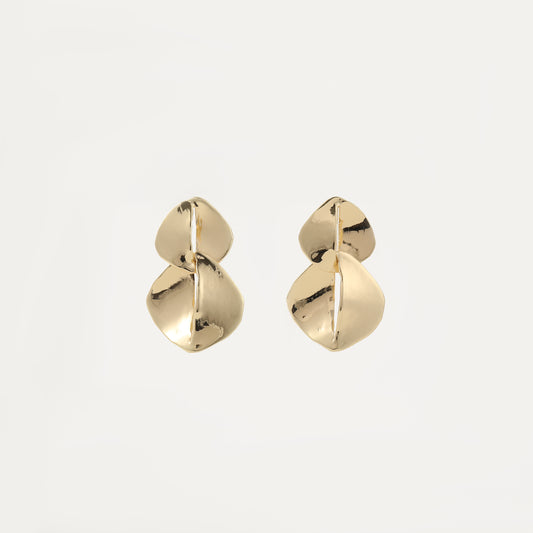 Gold double disc textured drop earring