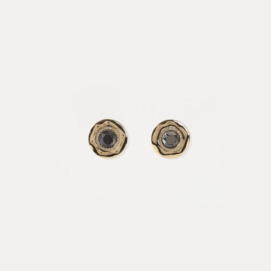 Gold hammered stud earring with central black crystal and diamond halo