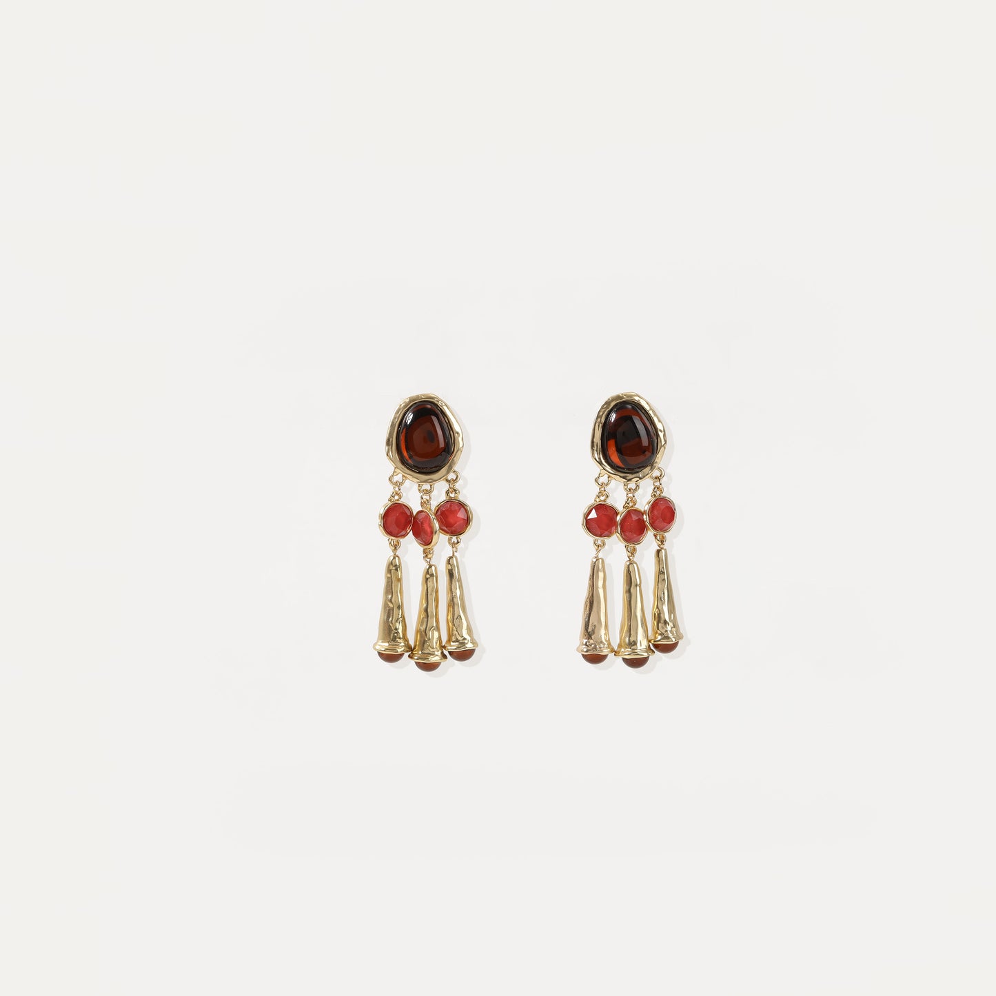 Gold multi-stone red cone drop earrings