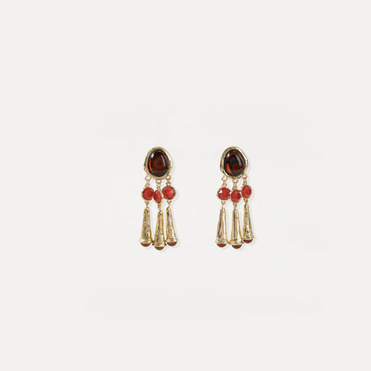 Gold multi-stone red cone drop earrings