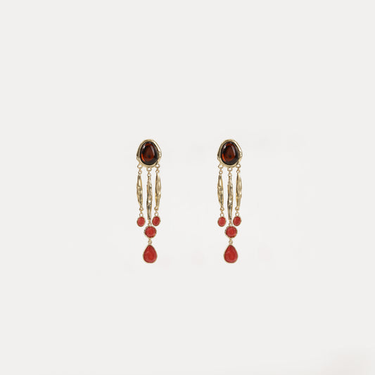 Gold multi-stone red drop long earrings